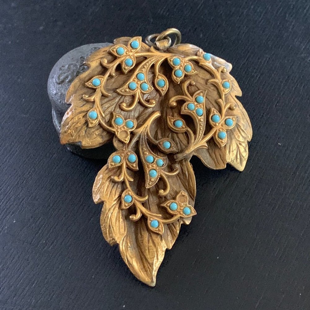 Bronze Maple Leaf Pendant with Turquoise Beads